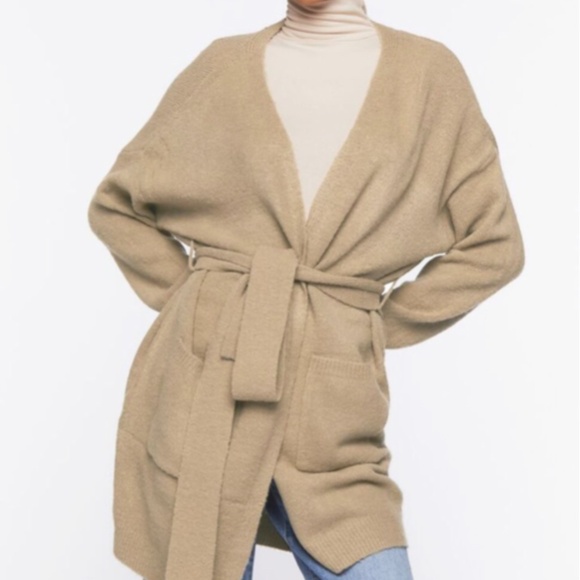 Forever 21 Belted Longline Cardigan Sweater Duster Olive Green Pockets Large - Picture 9 of 9